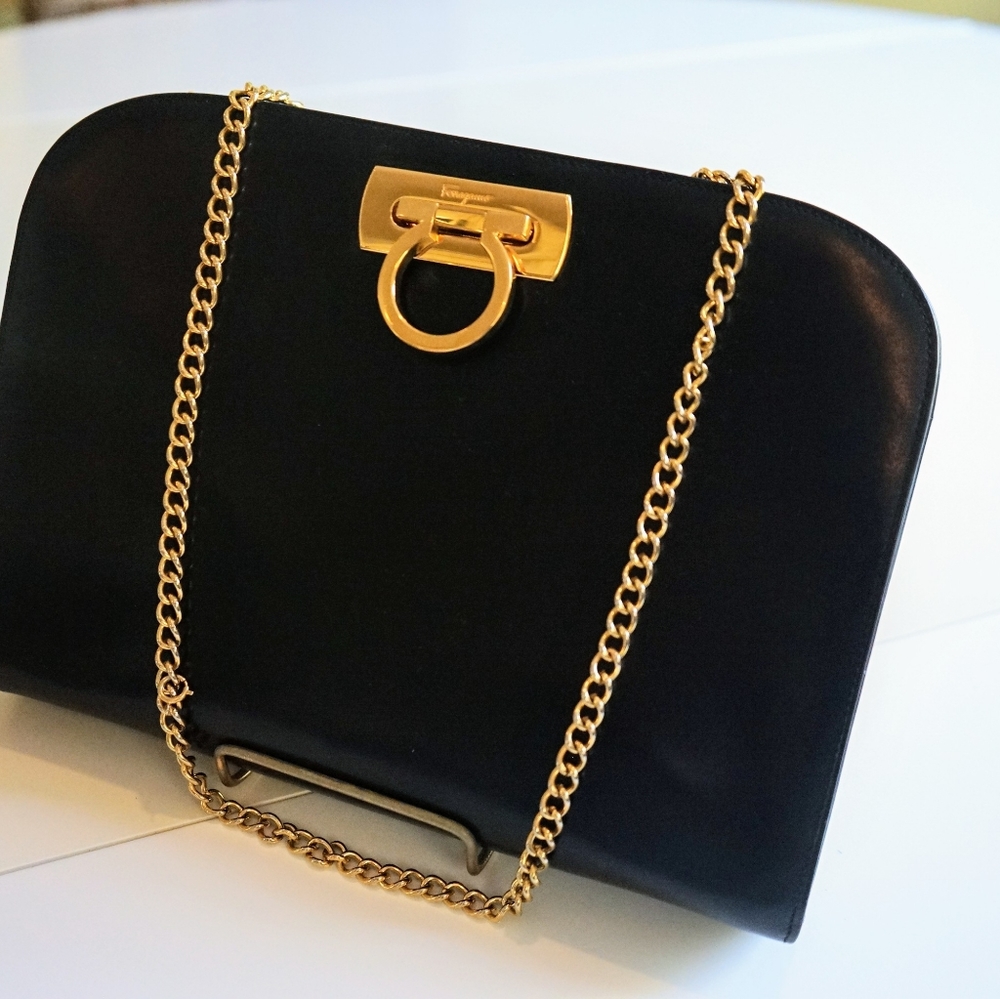 Ferragamo Shoulder Bag. Black Leather, Gold Chain